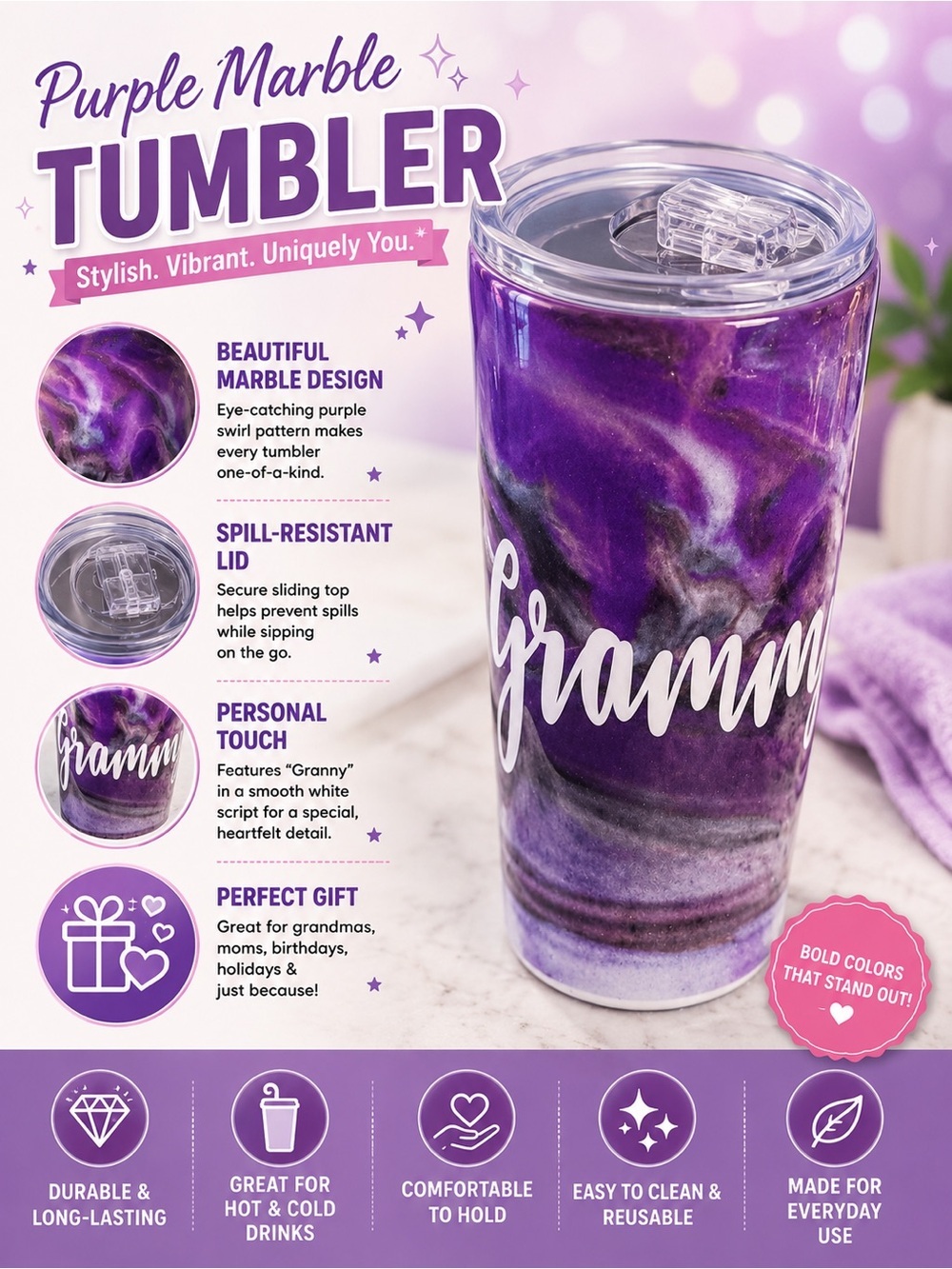 GRAMMY Hand Crafted Purple and Black Marbleized Drink Tumbler